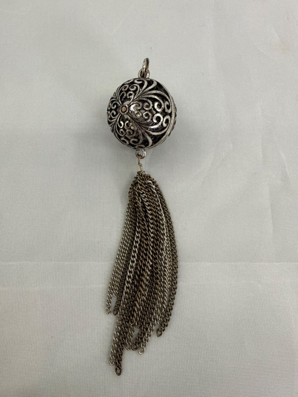 Silver Tone Filigree Scroll Ball Chain Tassel Boho Pendant Necklace